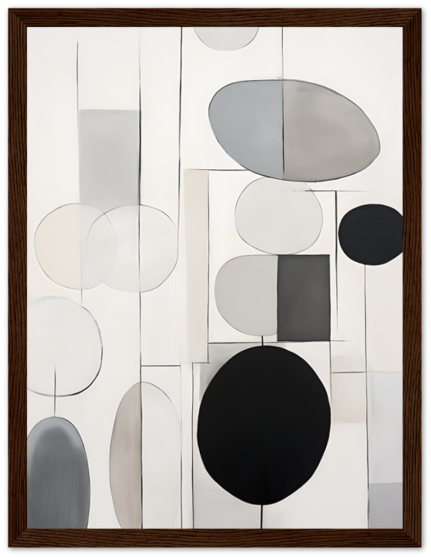 Modern abstract art with geometrical shapes and circles in a neutral palette, framed in wood.