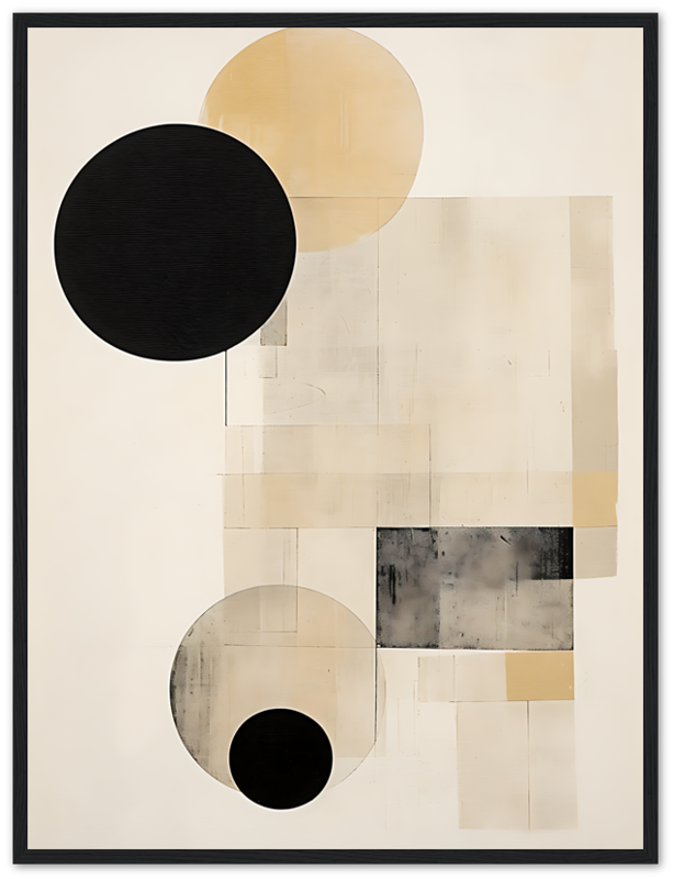 Modern abstract artwork with geometric shapes and neutral tones against a cream background.