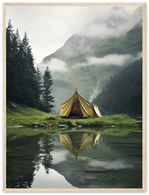 A canvas tent by a tranquil mountain lake with a reflection and misty hills in the background, framed by wood.