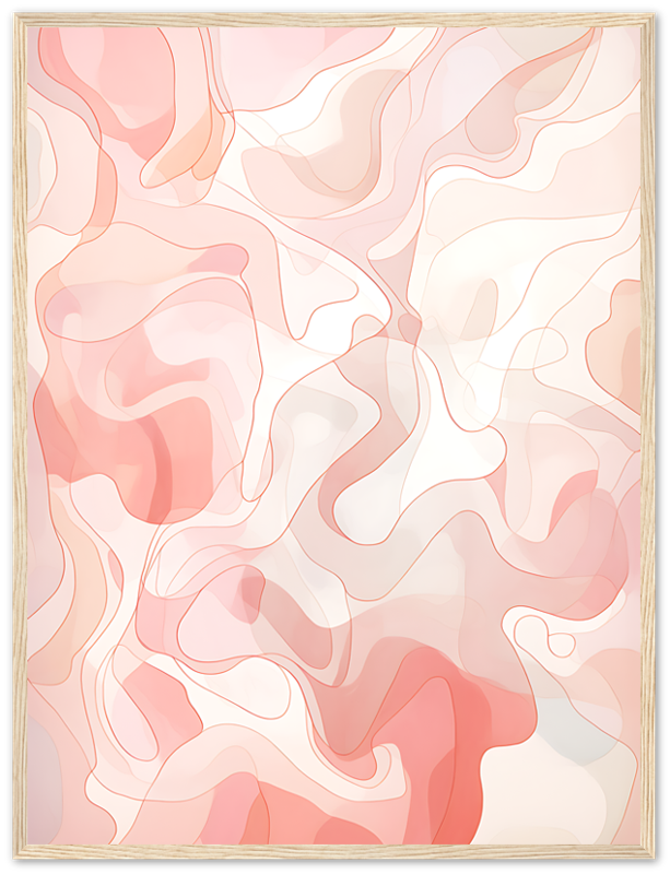 Abstract artwork with swirling pink and white patterns framed on a wall.