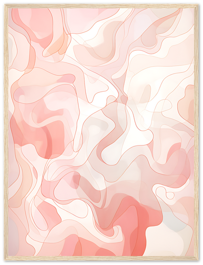 Abstract artwork with swirling pink and white patterns framed on a wall.