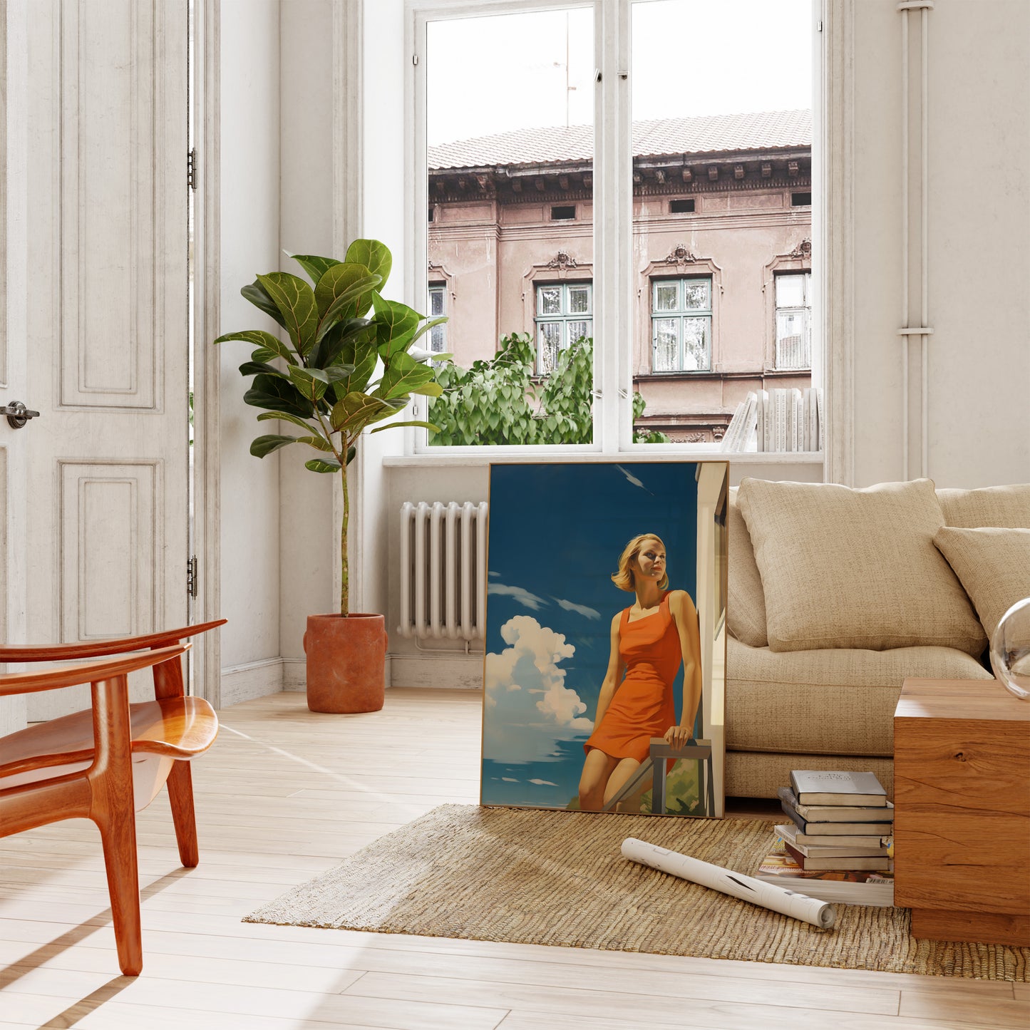 A stylish living room with a large framed photo of a woman leaning against the wall.
