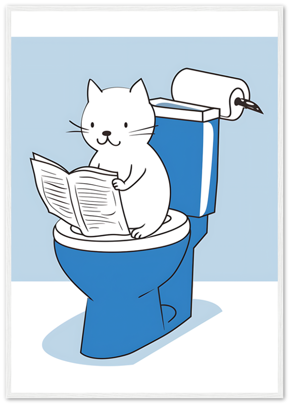 A cartoon of a cat reading a newspaper while sitting on a toilet, framed as a picture.