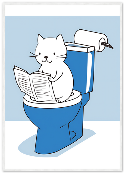 A cartoon of a cat reading a newspaper while sitting on a toilet, framed as a picture.