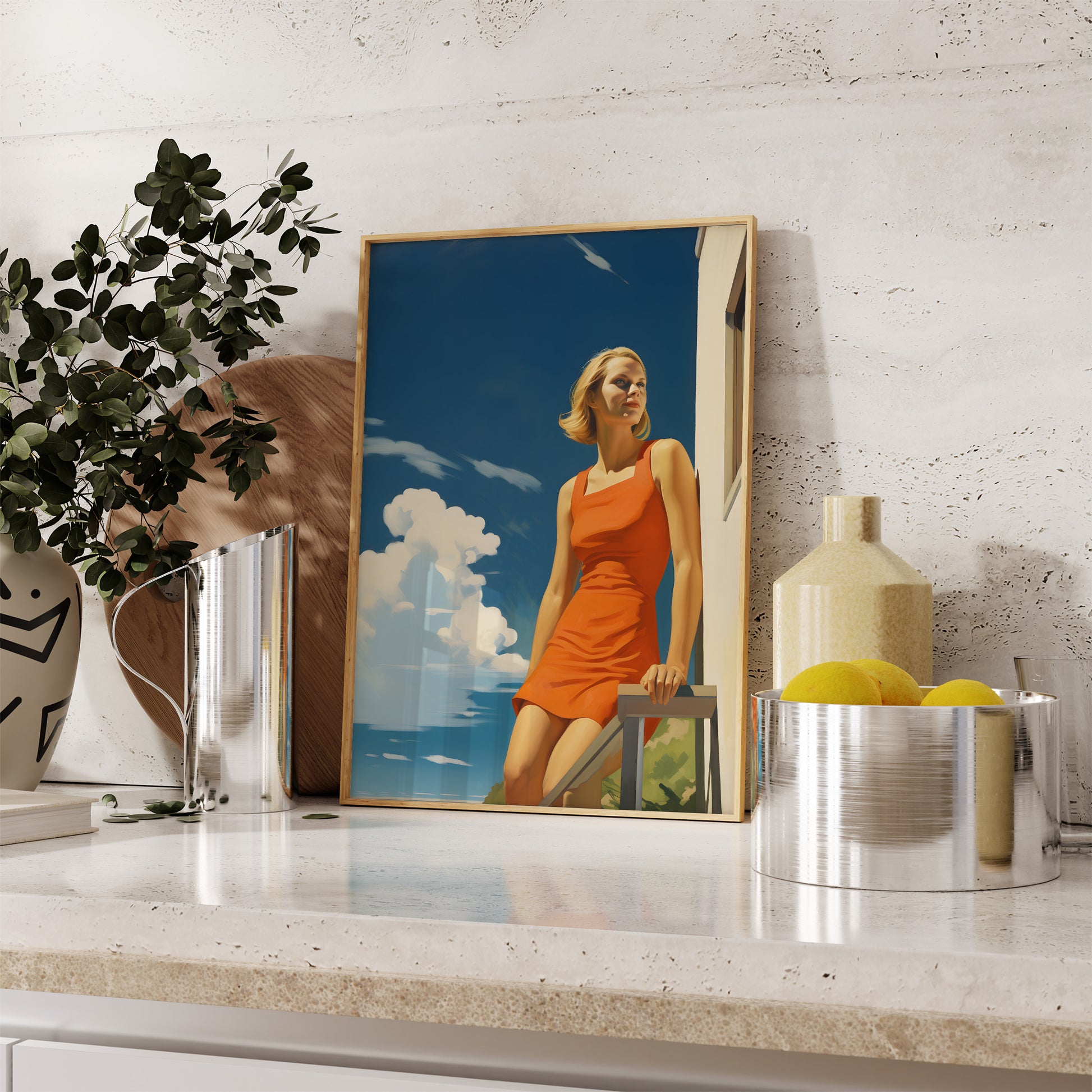 A framed portrait of a woman in an orange dress leaning on a railing, displayed on a shelf with decorative items.