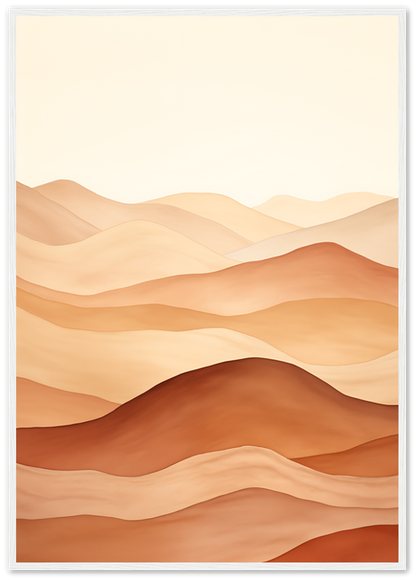 A framed illustration of stylized, wavy desert dunes in warm hues.