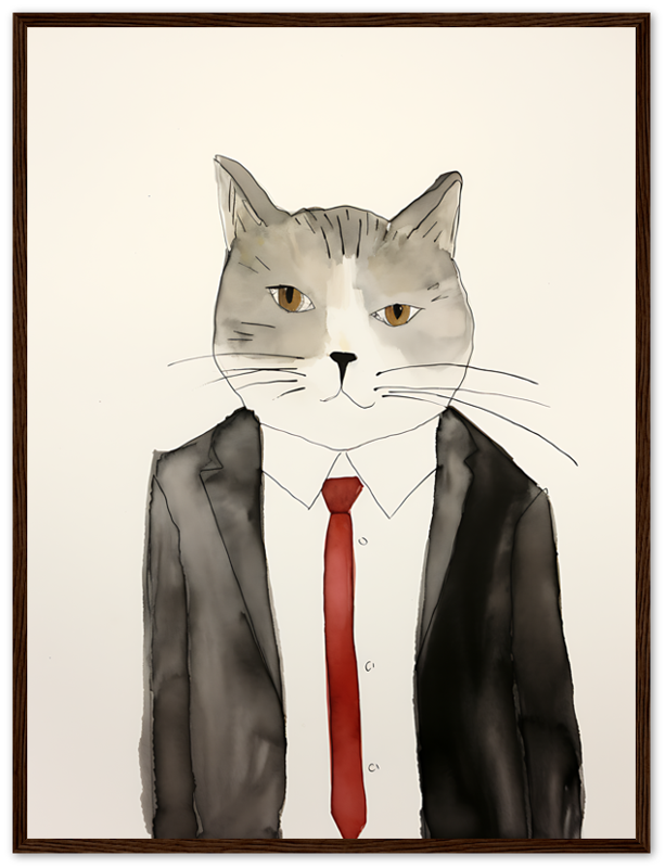 Illustration of a cat with human body in suit and tie, framed on a wall.