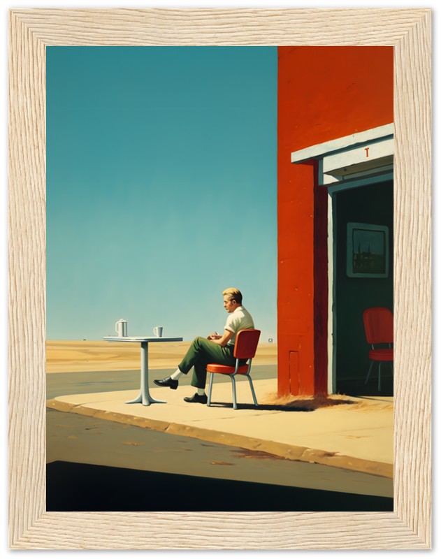 A man sitting alone at a table outside a building with a vibrant red pillar and clear blue sky.