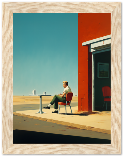 A man sitting alone at a table outside a building with a vibrant red pillar and clear blue sky.
