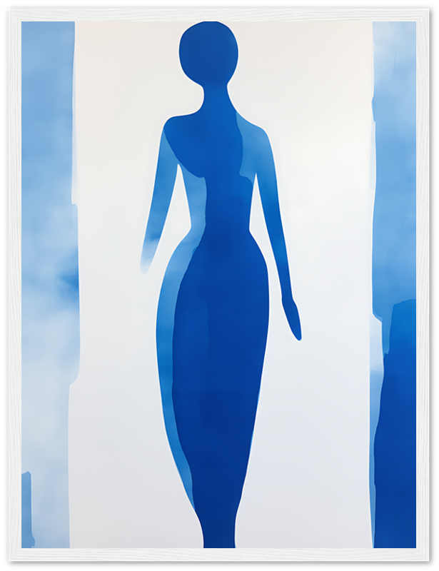 Abstract blue silhouette of a woman against a cloudy white background.