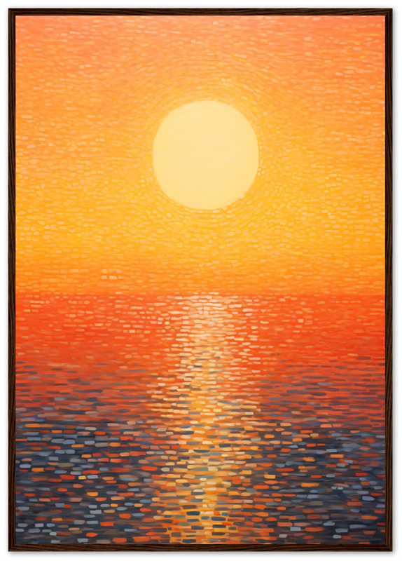 Impressionist style painting of a sunset over water with a wooden frame.