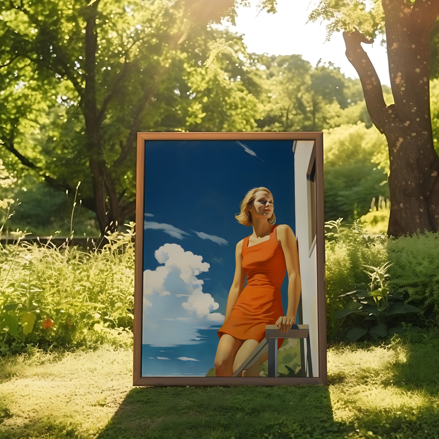 A woman stepping out of a picture frame into a sunny garden.