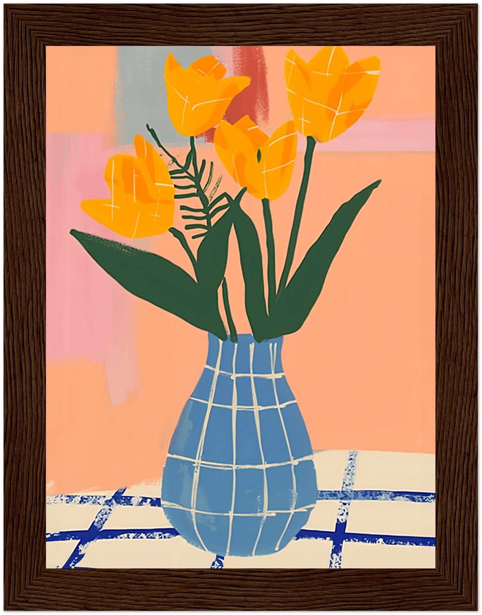 Abstract painting of yellow tulips in a blue checked vase against colorful background.