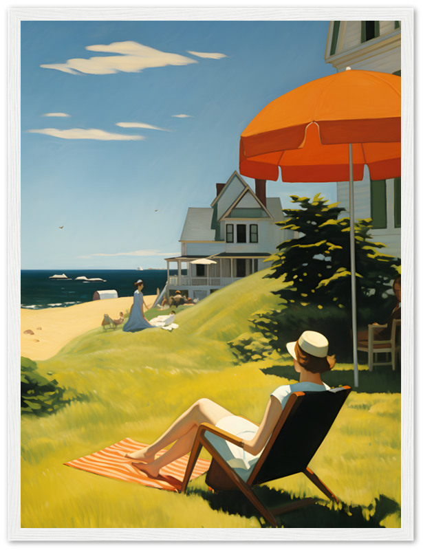 "Painting of a person relaxing on a beach chair near a house with an orange umbrella."