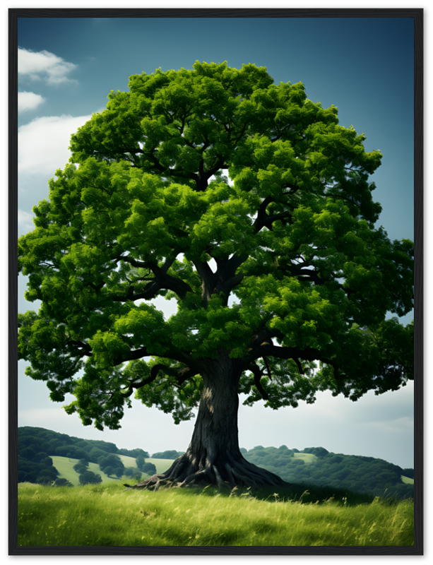 An imposing oak tree with lush green leaves in a framed artwork.
