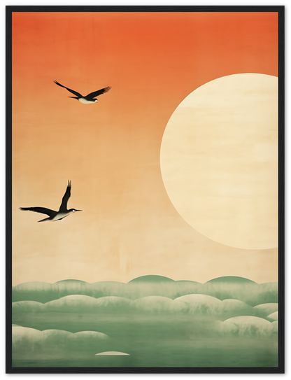 Stylized artwork of two birds flying across a sunset with a large sun and green hills.