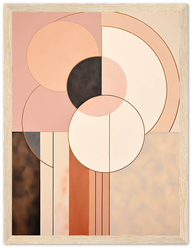 Abstract geometric painting with circles and squares in pastel tones within a wooden frame.