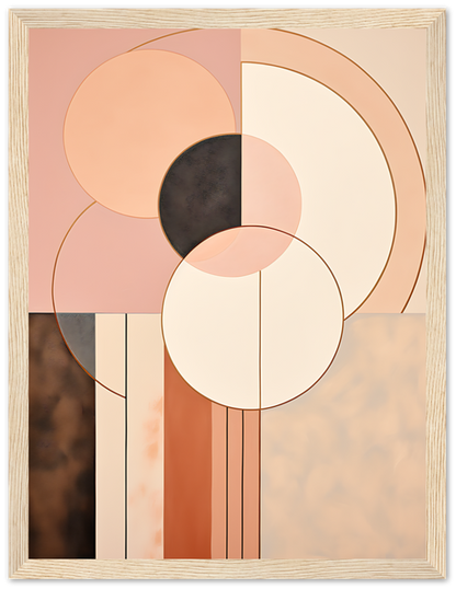 Abstract geometric painting with circles and squares in pastel tones within a wooden frame.