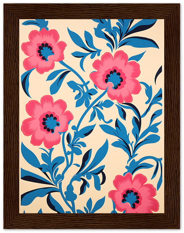 A framed floral print with pink flowers and blue leaves on a cream background.