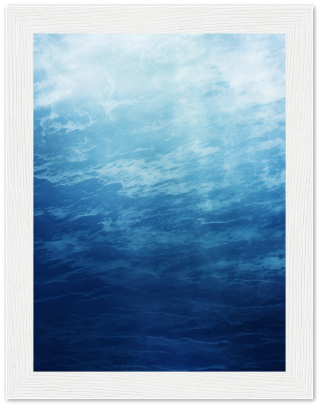 "Abstract blue watercolor painting with light and dark shades framed in white."