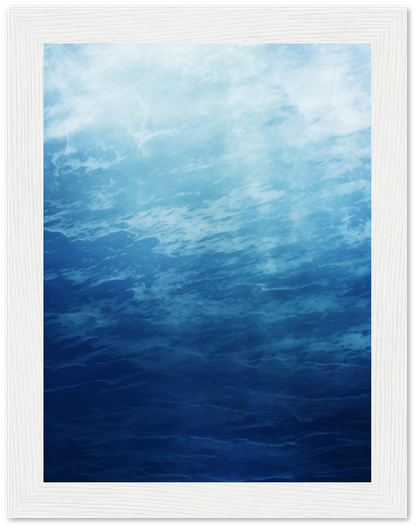 "Abstract blue watercolor painting with light and dark shades framed in white."