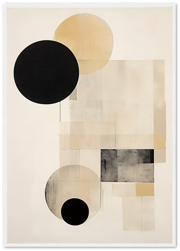 An abstract art piece with geometric shapes in black, white, and beige tones.