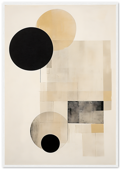 An abstract art piece with geometric shapes in black, white, and beige tones.