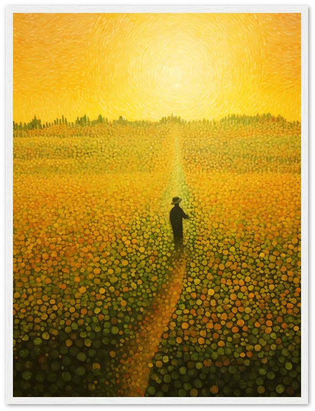 A person walking on a path through a field of flowers under a swirling sun.