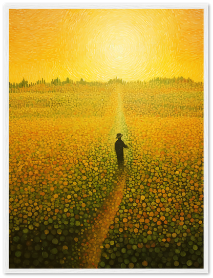 A person walking on a path through a field of flowers under a swirling sun.