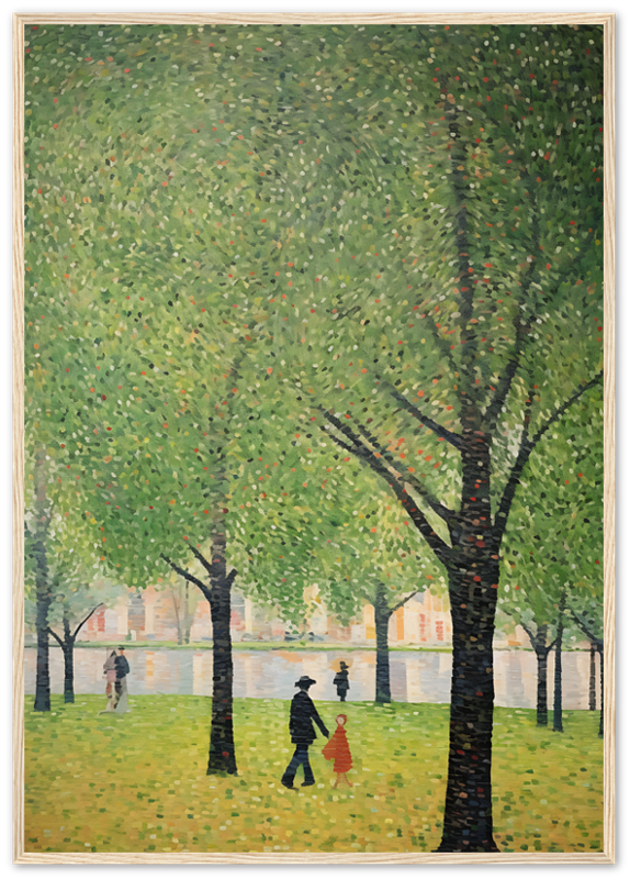 Impressionist painting of people strolling through a tree-lined park.