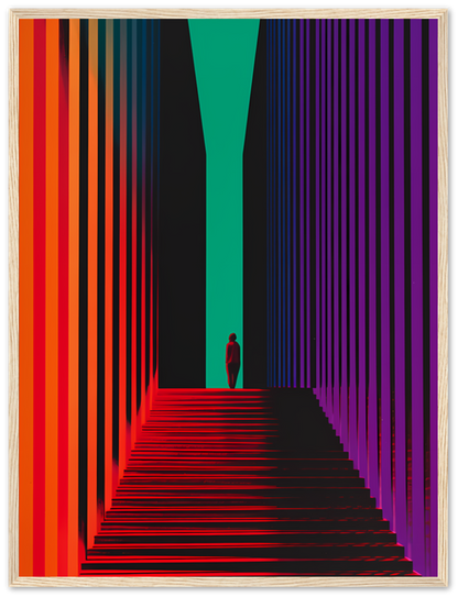 A person silhouetted against a vibrant, colorful striped hallway with a teal light at the end.