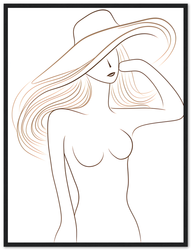 An illustrated portrait of a stylish woman in a large-brimmed hat within a wooden frame.