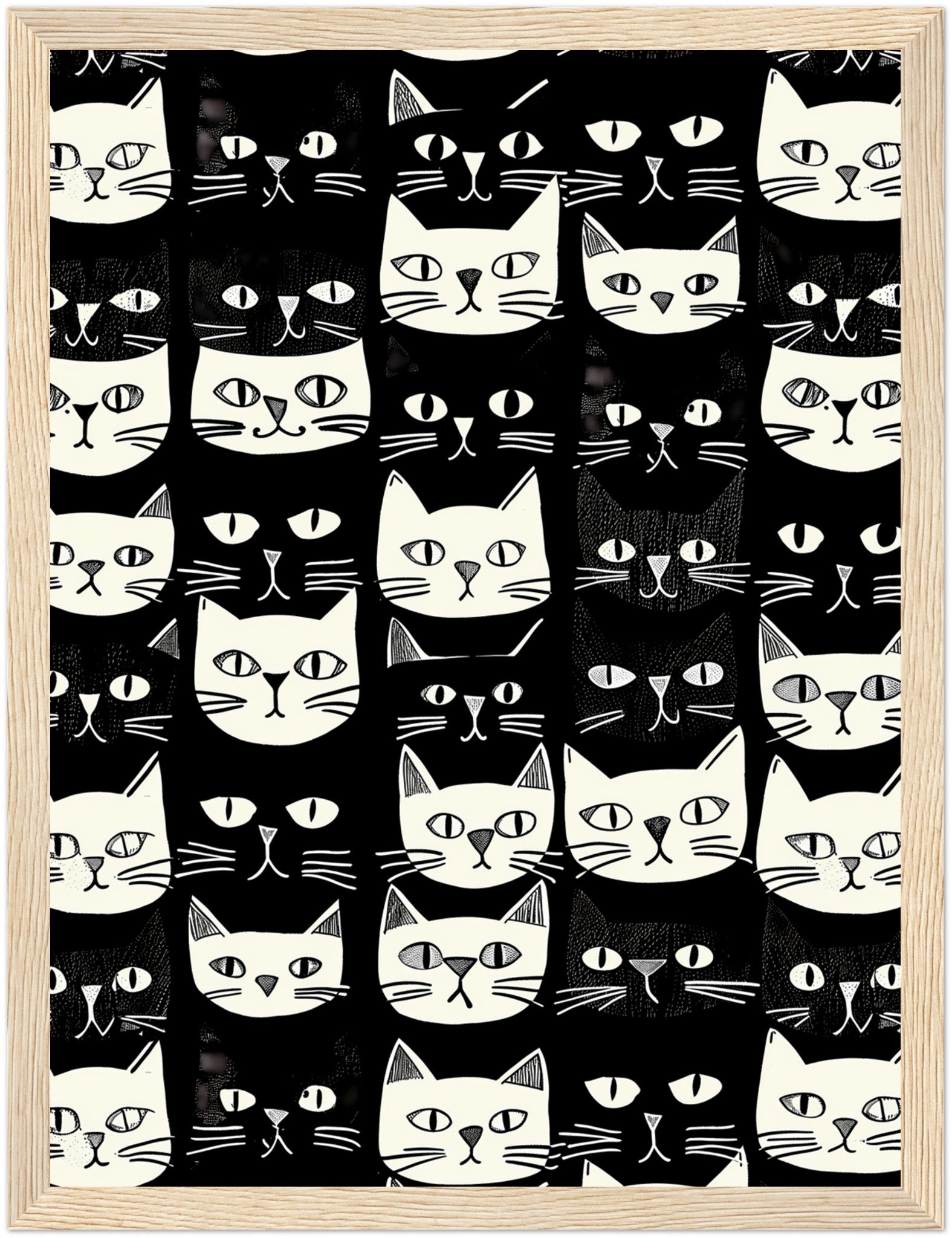 Black and white patterned artwork featuring various stylized cat faces.