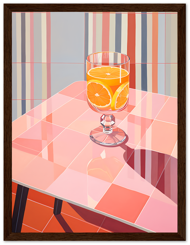 A vibrant illustration of a glass of orange juice on a checkered table with striped wallpaper background.