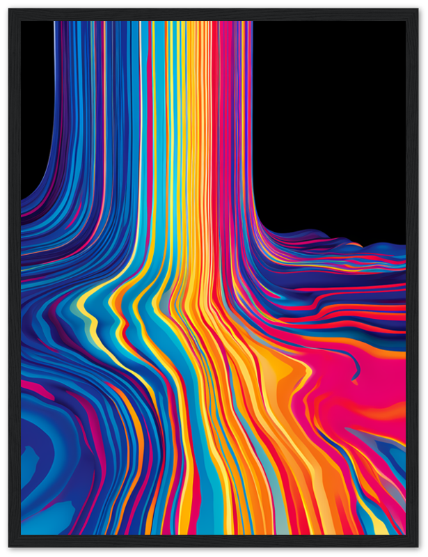 A colorful abstract wavy art in a wooden frame.