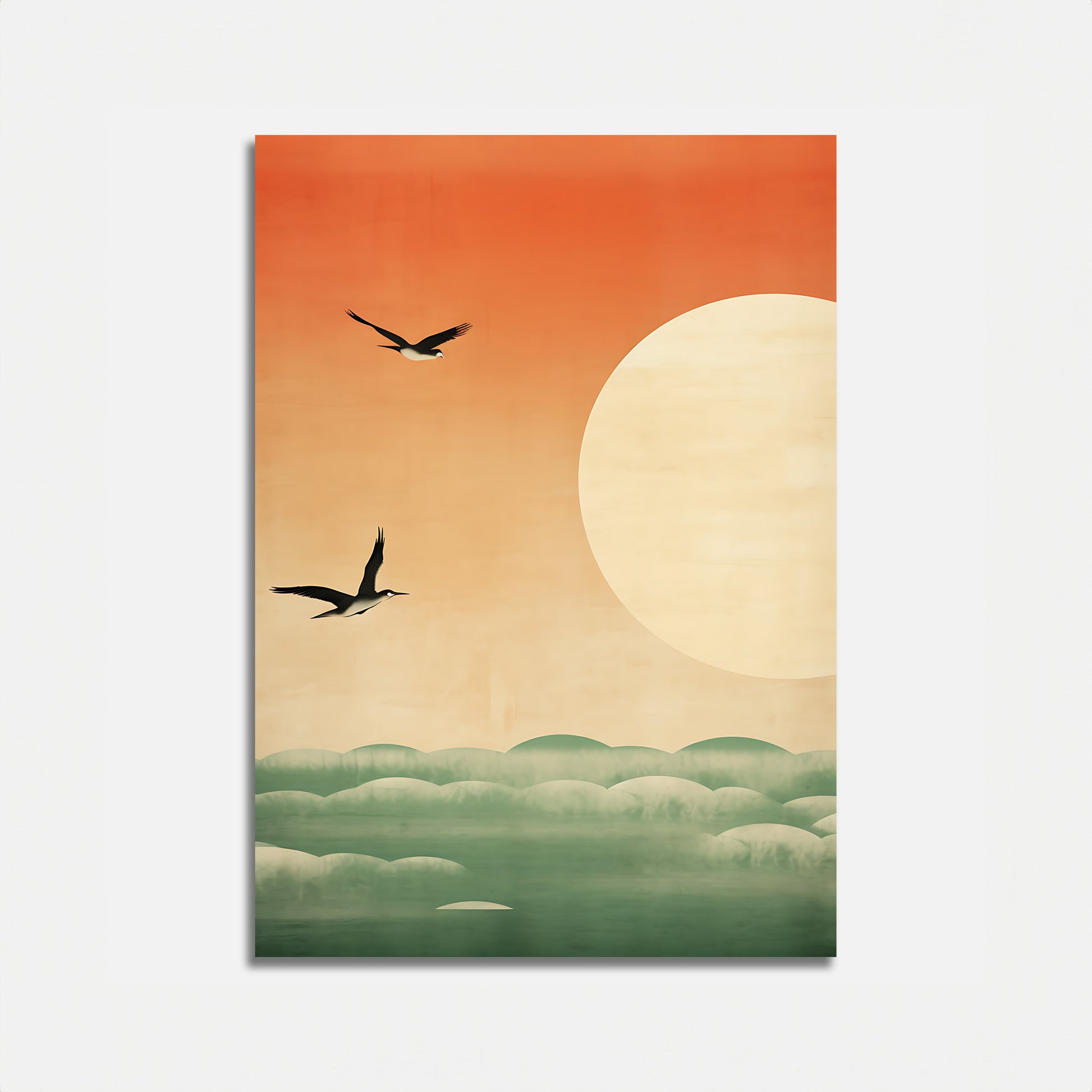 Minimalist painting of birds flying at sunset with a large sun and green hills.