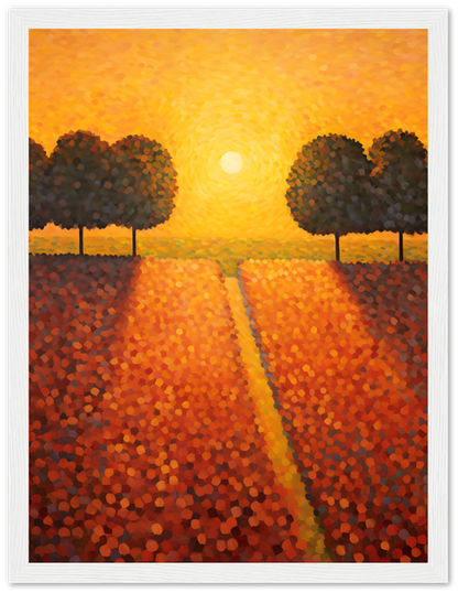 A painting of a sunset over a tree-lined path in a pointillist style within a wooden frame.