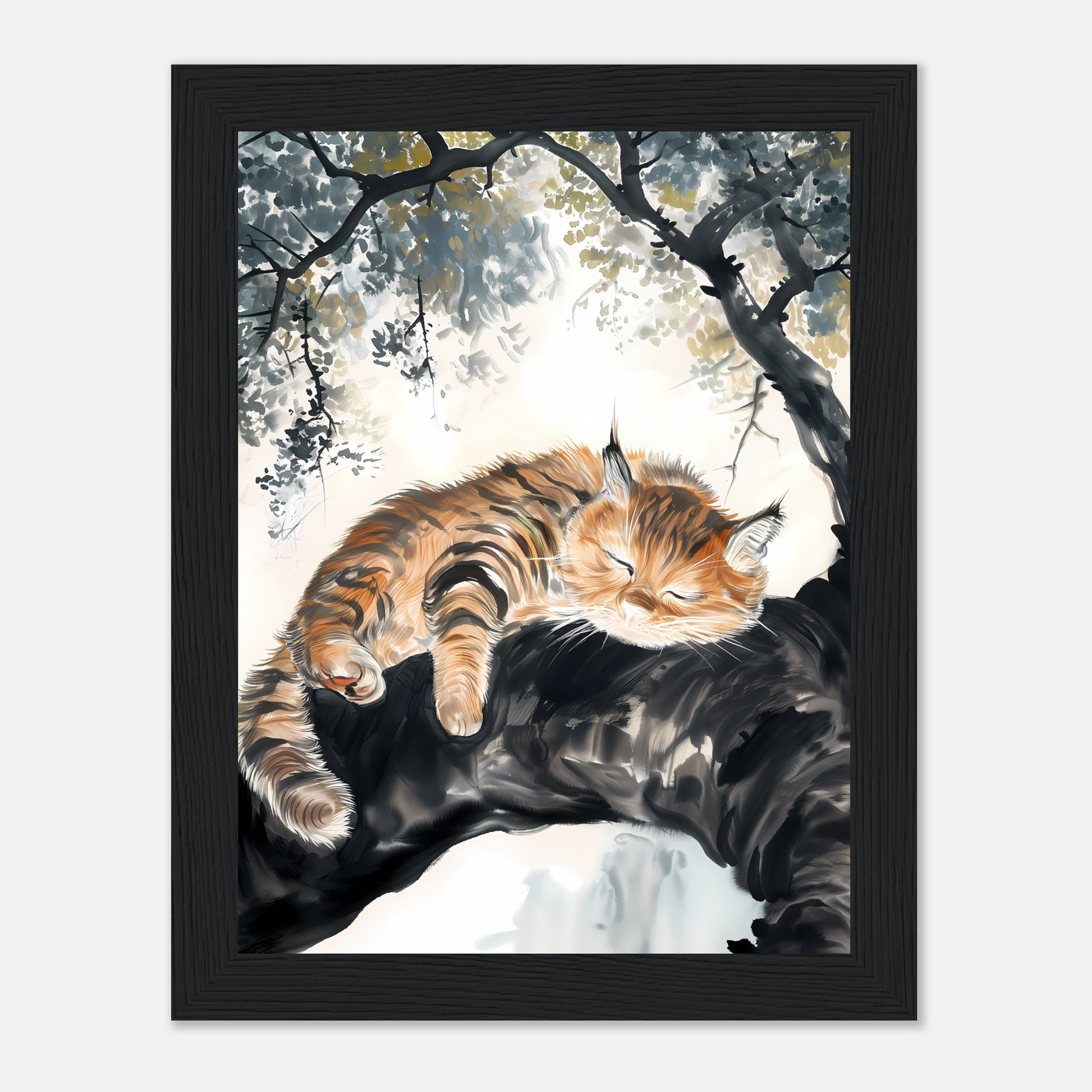 A painting of an orange tabby cat lounging on a tree branch.