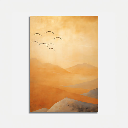 Abstract painting with warm hues representing a landscape with mountains and birds in flight.