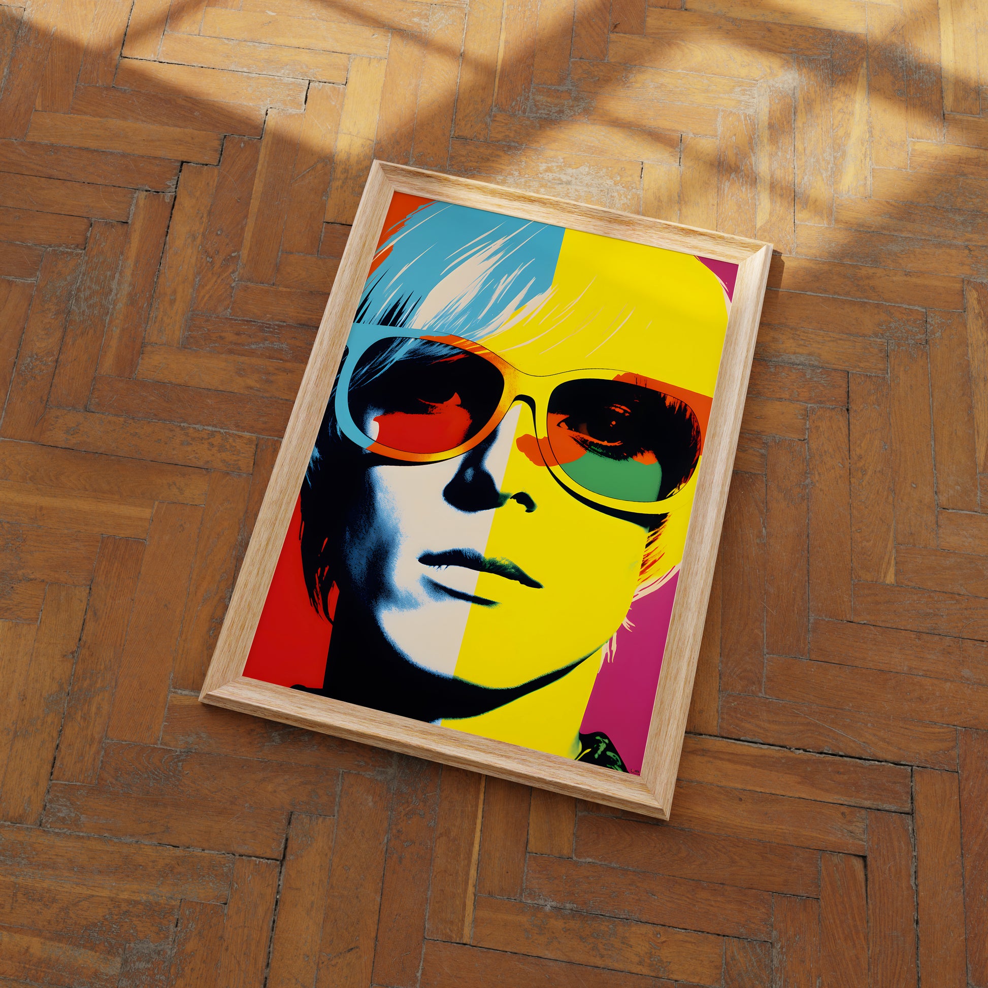 Colorful pop art-style portrait on a wooden floor.