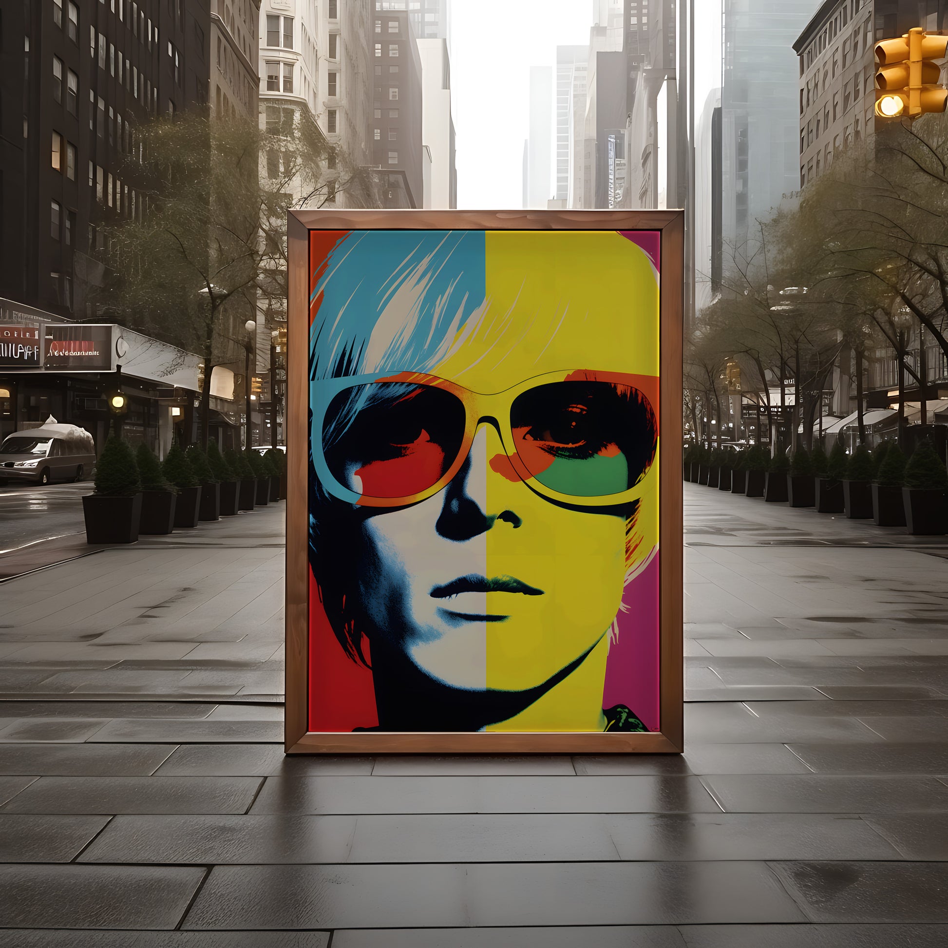 A colorful pop art portrait of a person with sunglasses displayed on an easel in an urban setting.