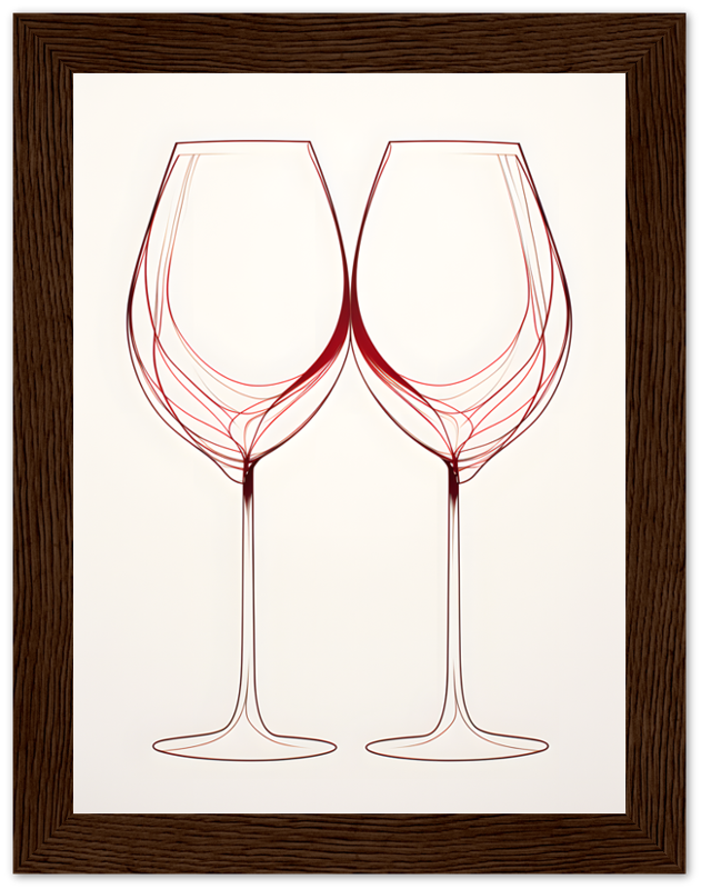 Two stylized wine glasses forming an abstract heart design in a wooden frame.