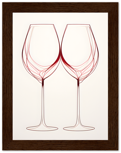 Two stylized wine glasses forming an abstract heart design in a wooden frame.