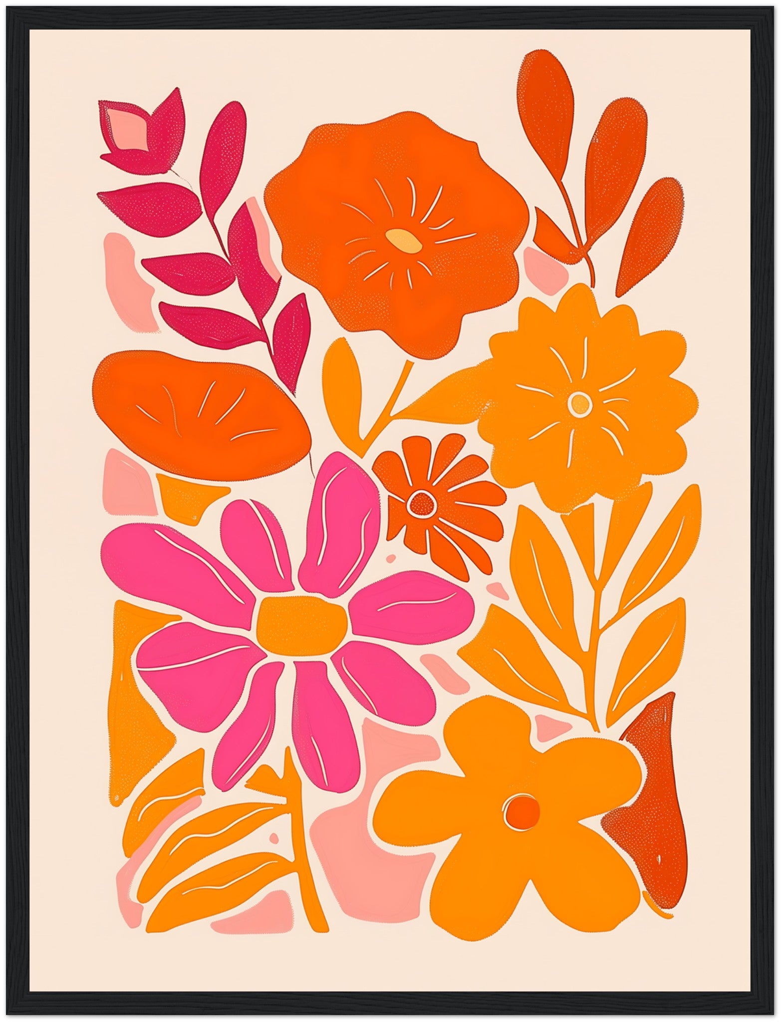 Colorful abstract floral artwork in a frame.