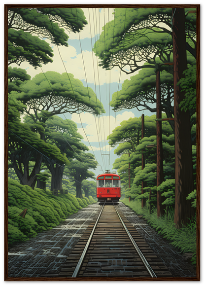 A framed illustration of a red tram on tracks amidst lush green trees.