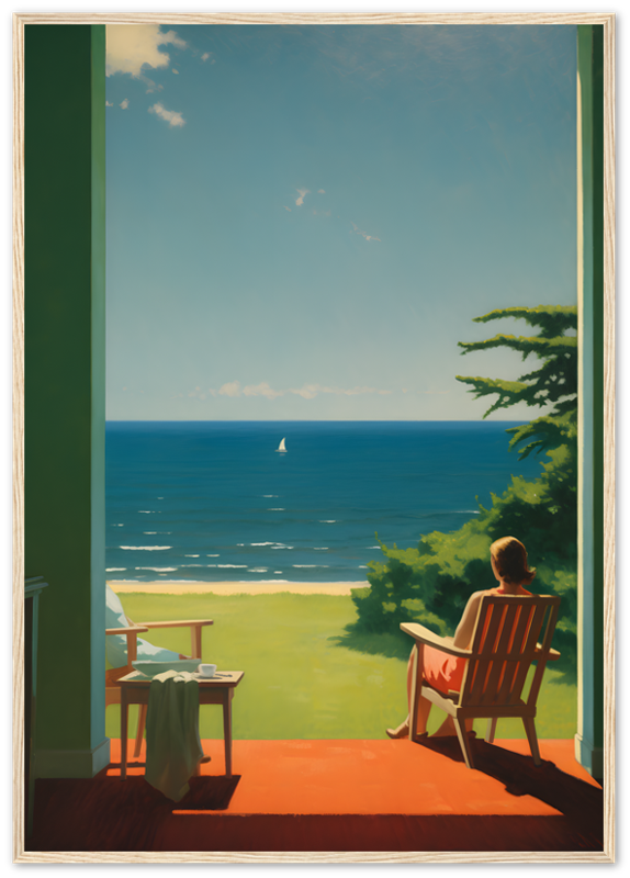 A person sitting on a chair on a porch, overlooking the sea with a sailing boat in the distance.