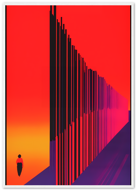 A solitary figure walking towards a vanishing point with vertical lines on a red background, framed in wood.