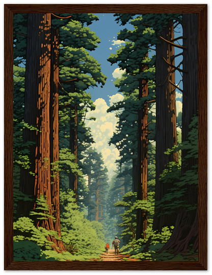 Illustration of two people walking on a path through a tall redwood forest.