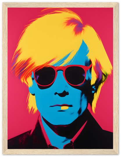 Pop art style portrait with bright colors and framed image, resembling Andy Warhol's aesthetic.