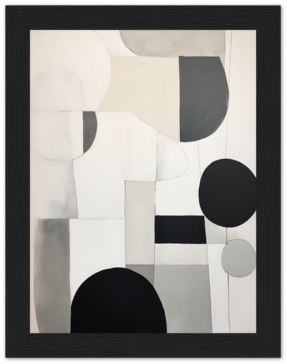 Modern abstract painting with geometric shapes in black, white, and gray tones.